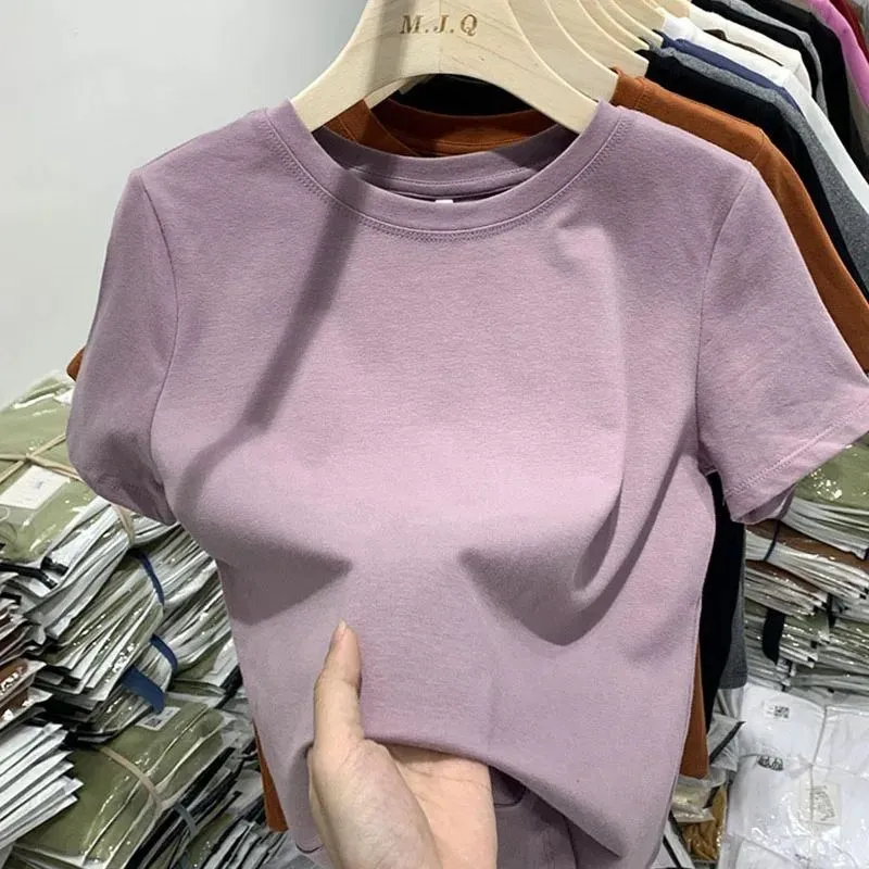 Camiseta feminina de algodão para meninas ops tirt casual confortável roupas femininas verão faion material macio