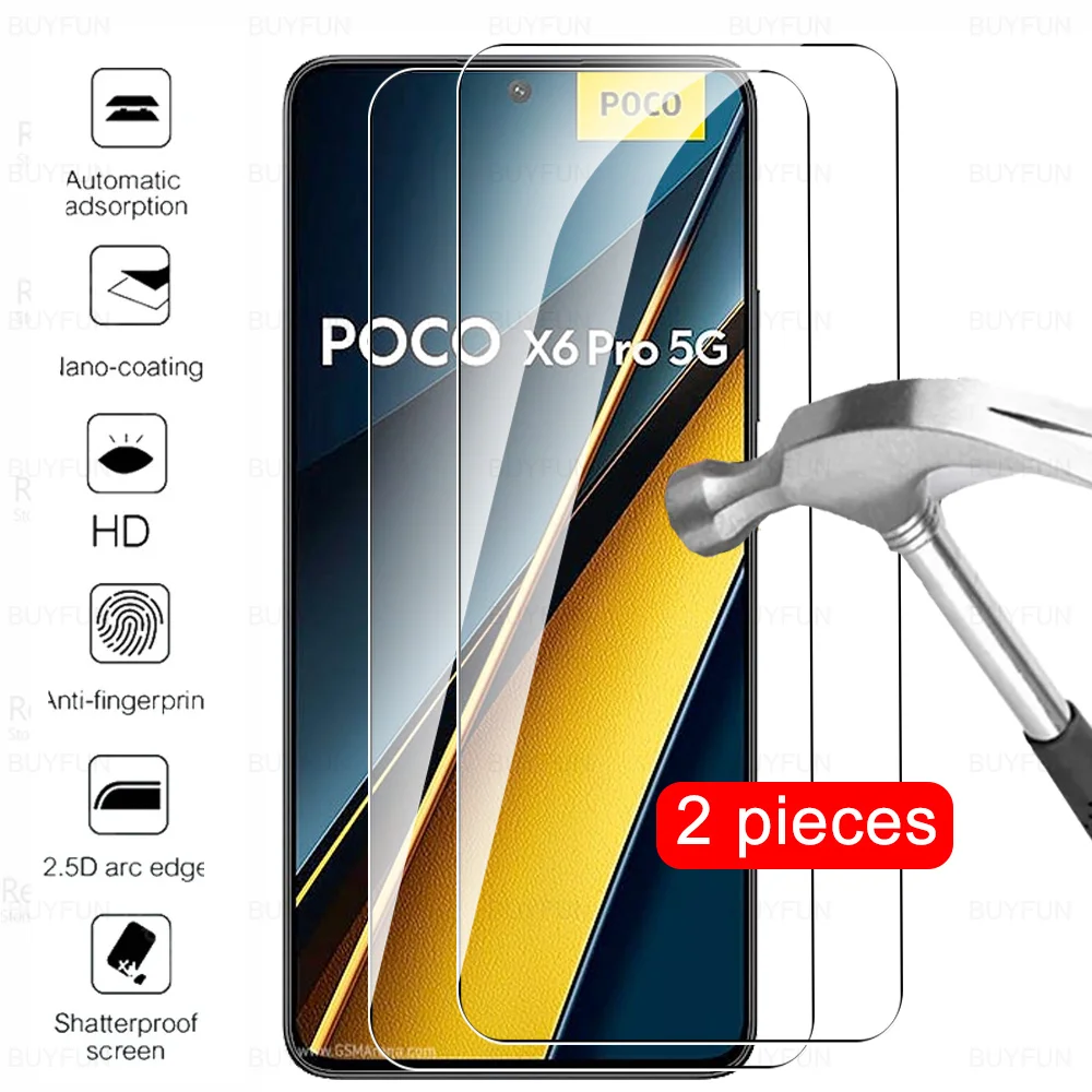 2 Pcs Tempered Glass For Xiaomi Poco X6 Pro Screen Protector For Poco X6Pro PocoX6 PocoX6Pro Little X 6 5G Cover Protective Film