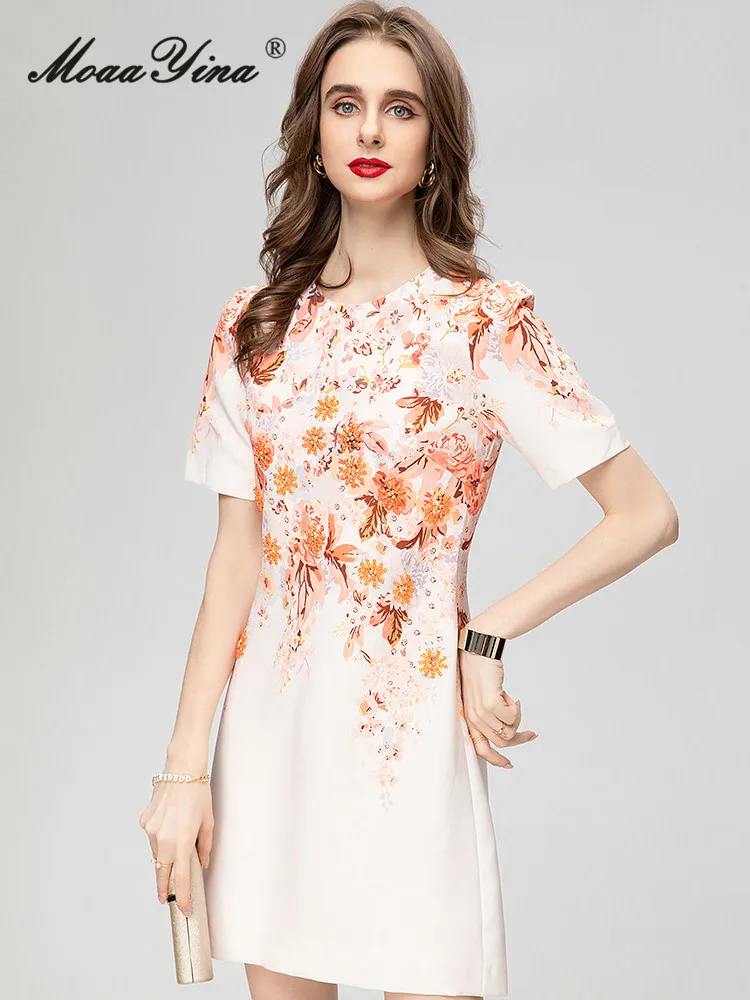 MoaaYina Spring Fashion Designer Vintage Floral Print Dress Women's O Neck Short Sleeve Beading High Waist Slim Mini Short Dress