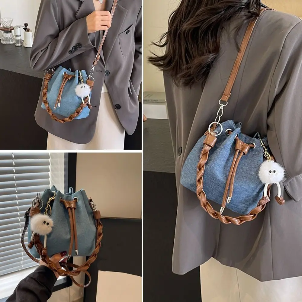 Creative Fashion Denim Single Shoulder Crossbody Drawstring Bucket Bag Casual Lady Handbags Tote Purses