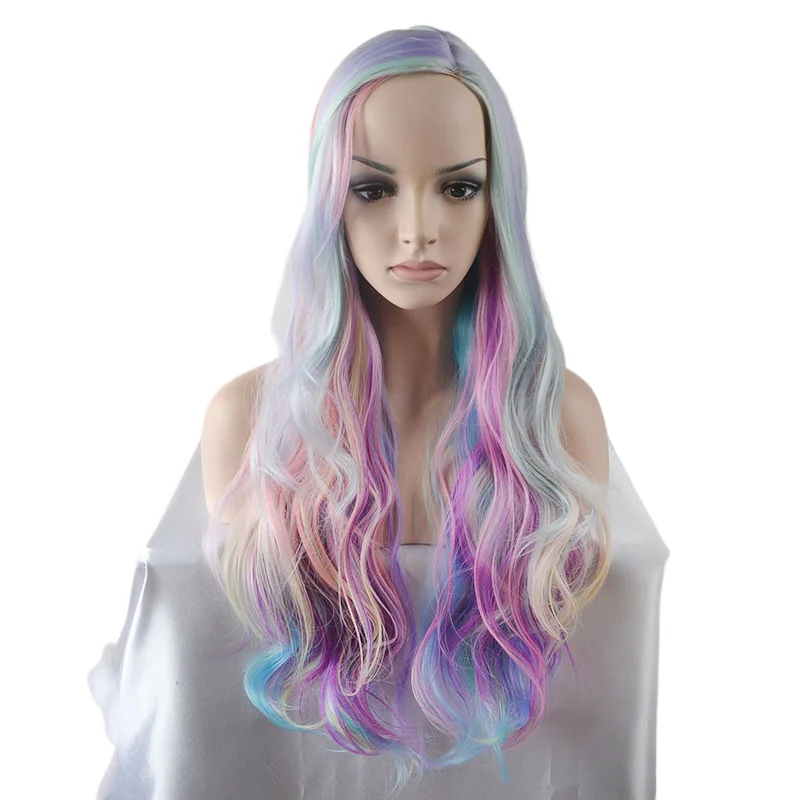 Pony Girl Princess Celestia Cosplay Costume Headwear Prop Wig Multi-color Medium Long Wavy Hair