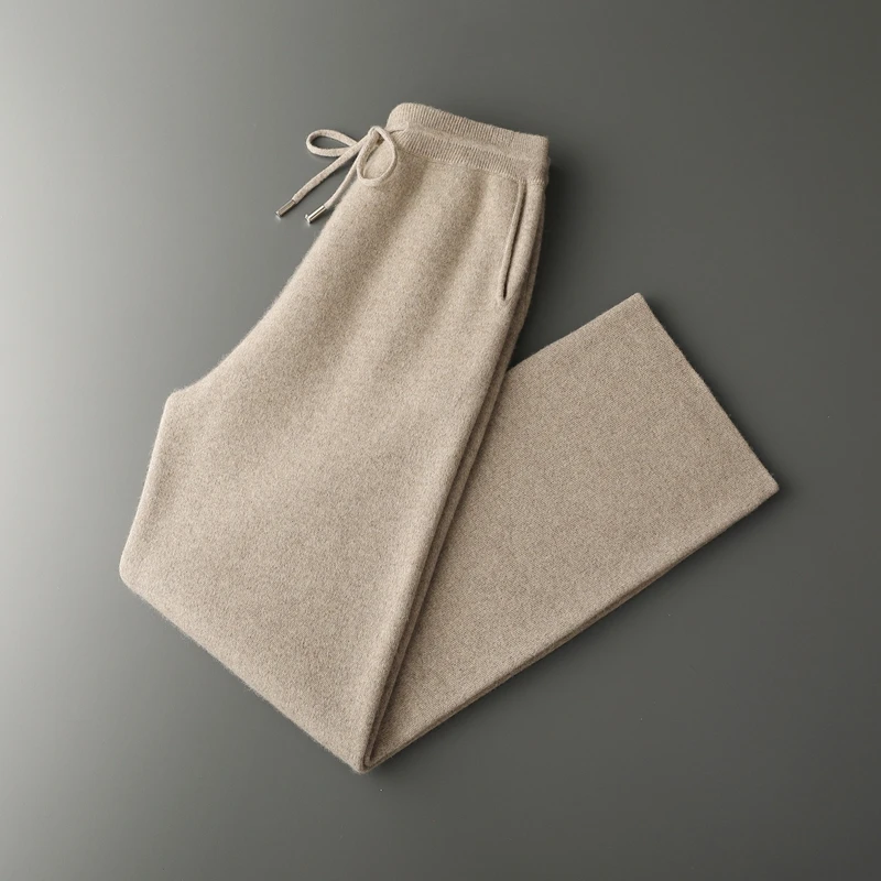 New 100% Cashmere Elastic-Waist Thickened Wide-Leg Men's Casual Fashion Long Pants Autumn Winter Warm Comfortable Knitted Pants