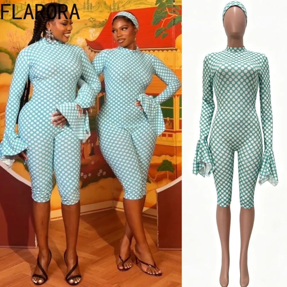 FLARORA Sexy Polka Dot Print Jumpsuits And Headband Woman O-neck Ruched Full Sleeve Backless Skinny Peach Hip Stretch Playsuits