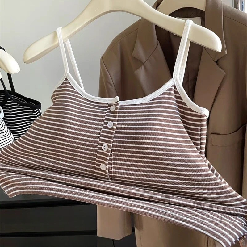 المرأة مخطط زر بروتيل تانك القمم مع وسادة الصدر التخسيس ملابس داخلية القطن مضلع الظهر الجمال قطعة واحدة سترة