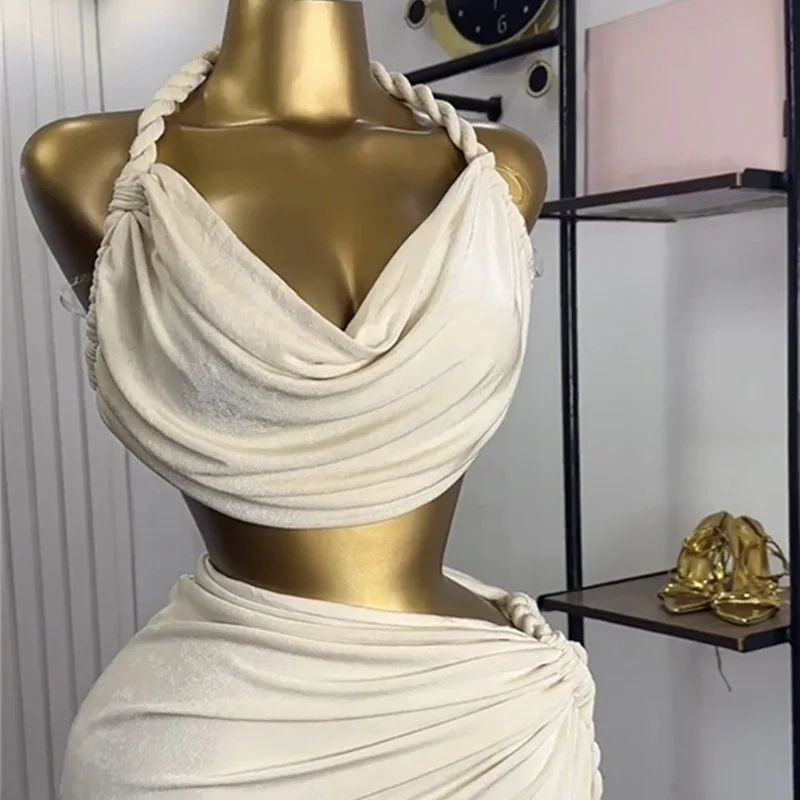 レディースドレスセット ホルターネッククロップトップとハイサイドスリットマキシロングスカートスーツ ツーピースセットアップ