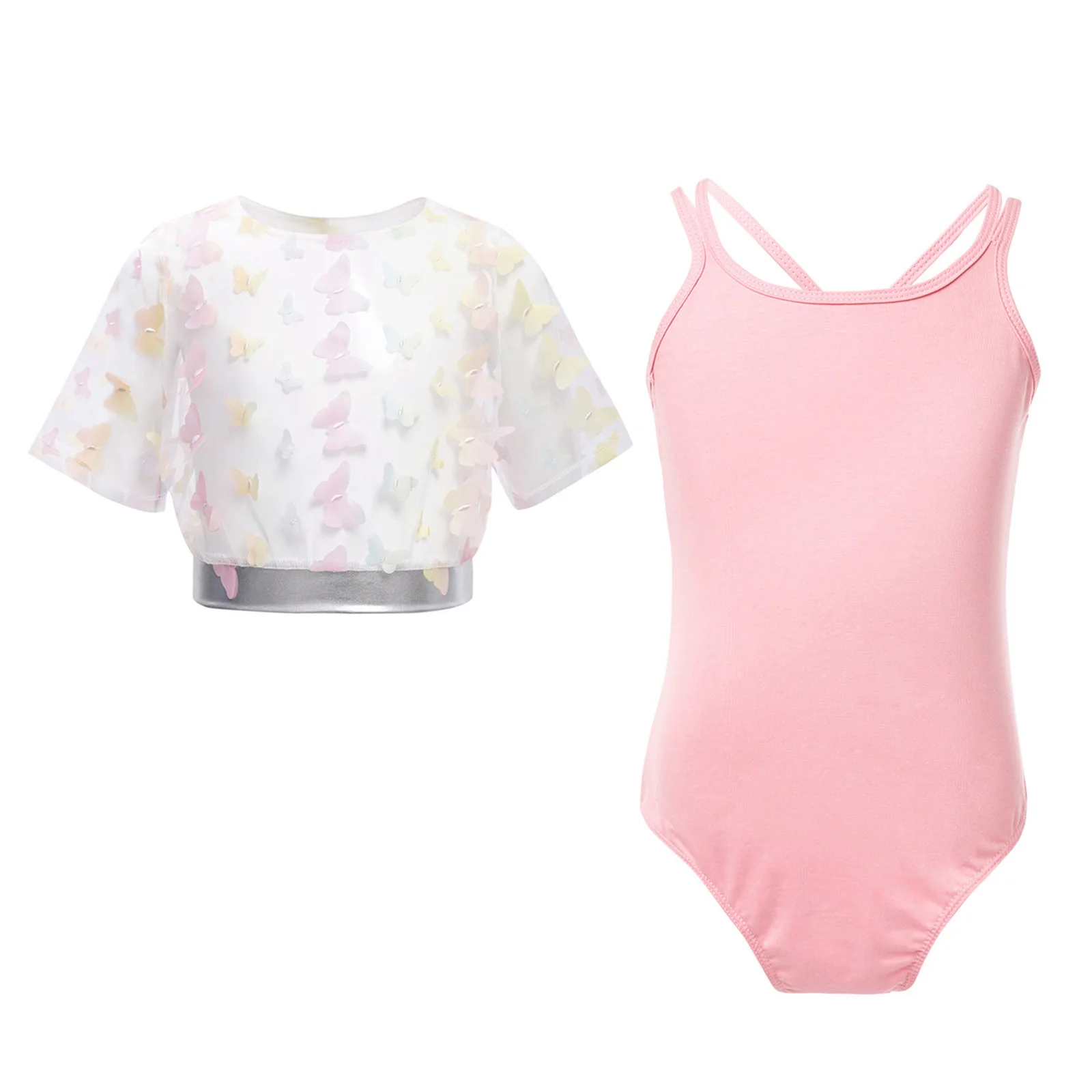 

Kids Girls Ballet Leotards Outfits Butterfly Sheer Mesh Short Sleeve Crop Top+Crisscross Back Bodysuit Gymnastics Dance Practice