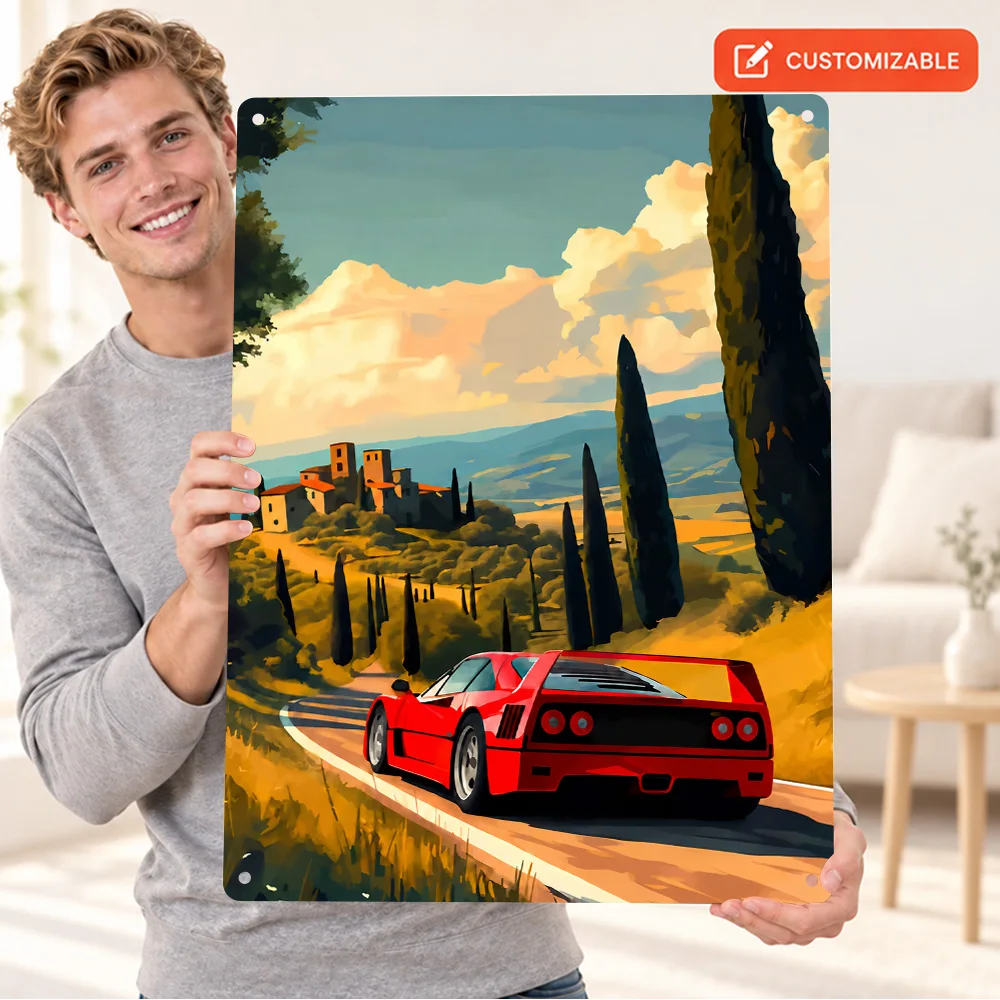 Red In Tuscany Landscape Car Aluminum Poster Customized Metal Sign Painterly Illustration Wall Art For Study Motoring Fan Gift