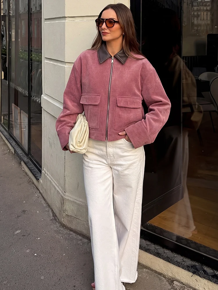 HH Spring Elegant Women Corduroy Zipper Jacket 2026 Fashion Leather Patchwork Collar Long Sleeve Coat Female High Street Outwear