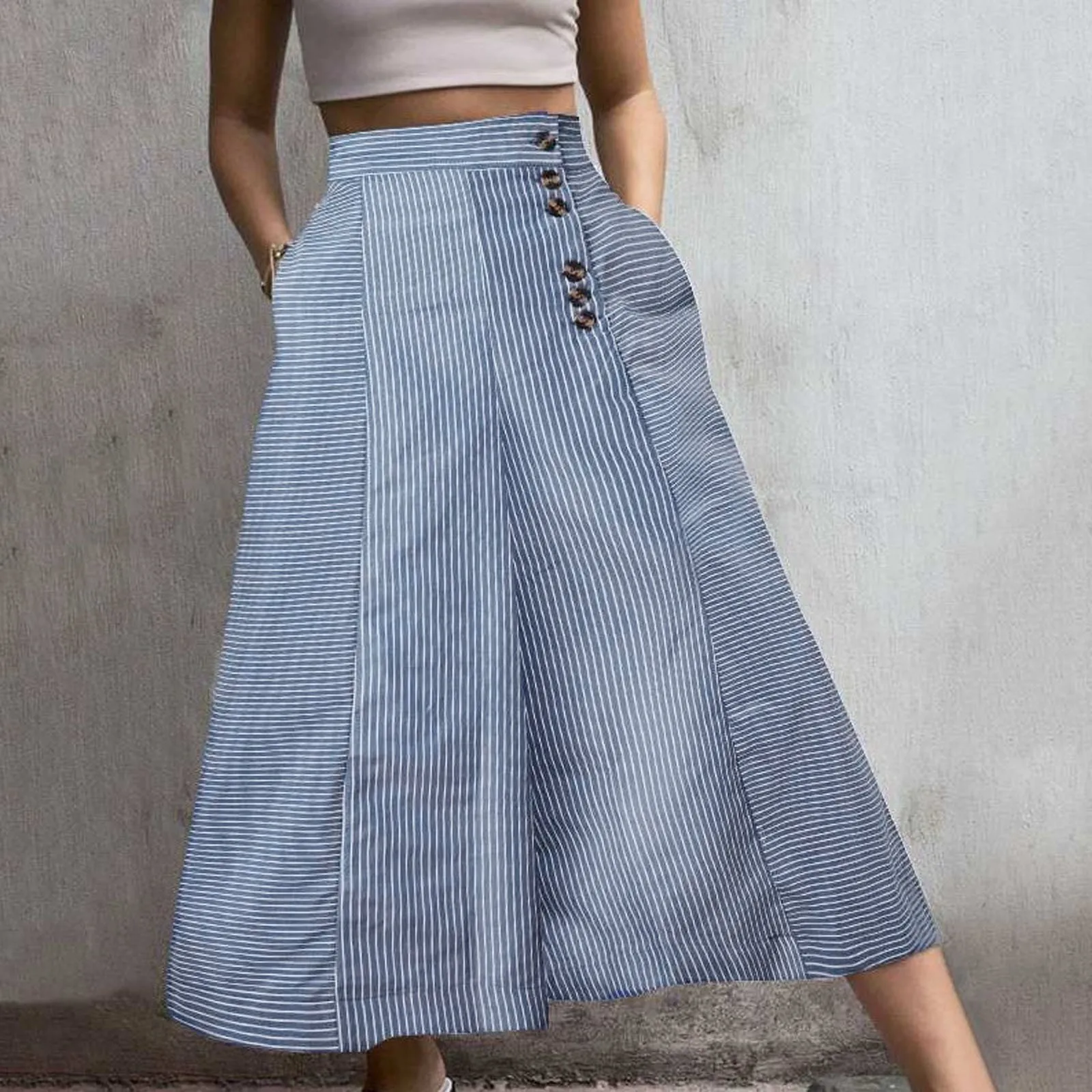 

Women High Waist Striped Pants 2024 Fashion Retro Wide Leg Trousers Summer Casual Buttons Loose Elegant Party Pantalones