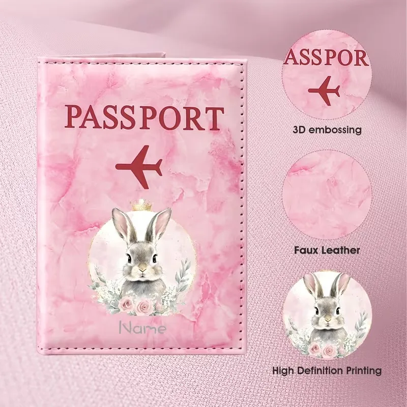 Personalized Name Cute Rabbit Crown Floral Illustration Design PU Passport Holder, Featuring a Pink Circular Background Adorned