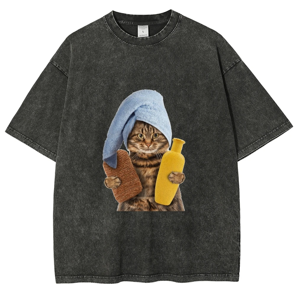 

Funny Cat Printed Graphic T-shirt Heavyweight 260GSM Pure Cotton Washed Khaki T Shirt Man Woman Clothing Short Sleeve Tee