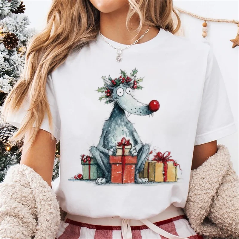 

Подарочная футболка для рождественской вечеринки, забавная женская футболка с рисунком, милая женская футболка в стиле Харадзюку с круглым вырезом 90-х годов, повседневный белый топ