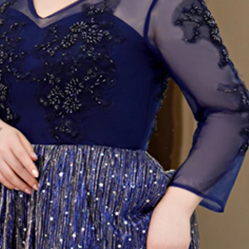 Sequins A-Line Evening Dress Lace Up V-Neck Embroidery Full Sleeves Elegant Floor-Length New Plus Size Women Formal Gowns D855