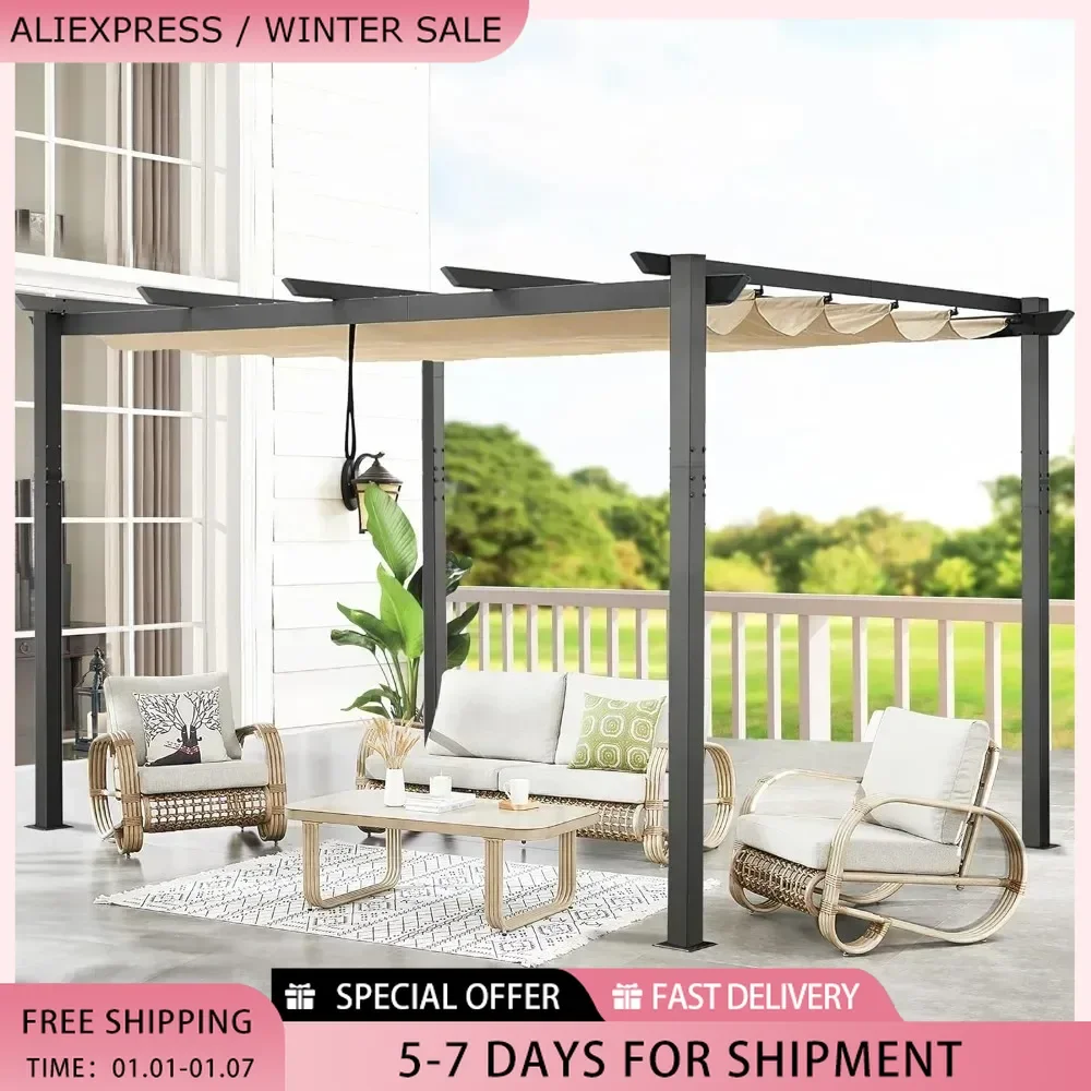 Outdoor 10'x13' Extra Large Aluminum Pergola with Sun Shade Gazebo Beige Canopy, UV Resistant Fabric