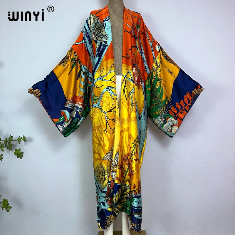 WINYI kimono summer Retro print Bikini Cover-up Elegant beach outfits for women sexy silk feeling vestidos para mujer dress robe