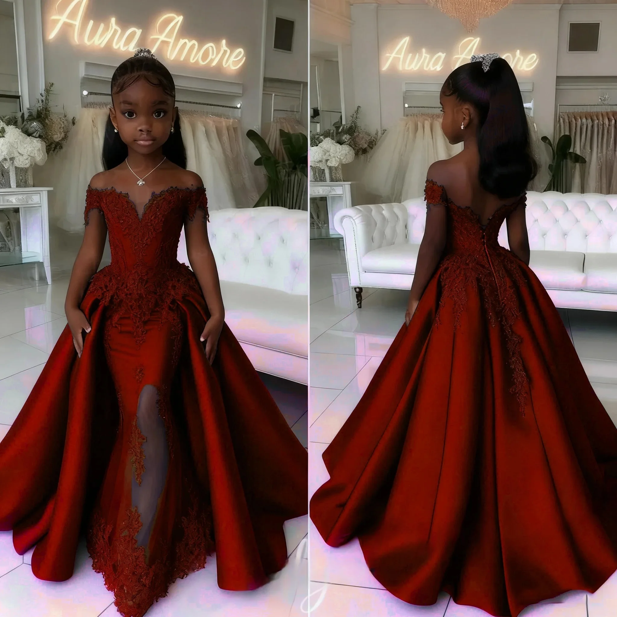 مخصص زهرة فتاة فستان الزفاف فستان عيد الميلاد الأول فستان حفلة قبالة الكتف الدانتيل حورية البحر الأميرة الاطفال فستان رسمي