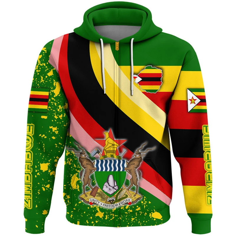 Zimbabwe Flag Map Pattern Hooded Sweatshirts National Emblem Zip Hoodie For Men Africa Hoody Casual Male Pullovers Jersey Tops