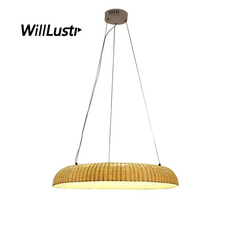 Minimalist Annular LED Pendant Lamp Bamboo Knitted Suspension Light Cafe Teahouse Canteen Handmade Hanging Ceiling Chandelier