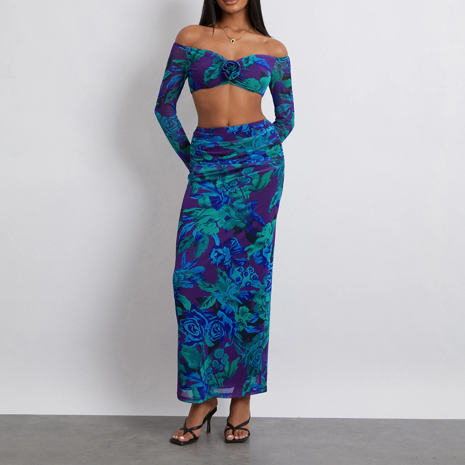 Women 3D Flower Skirt Set, Flower Print Long Sleeve Off-shoulder Crop Top with High Waist Long Skirt Fall Outfit