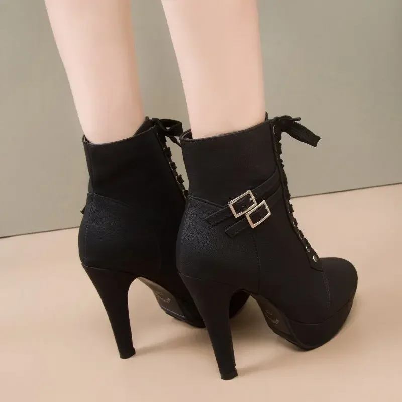 Women Shoes High Heel Platform Boots for Women Fashion Lace Up Heeled Women\'s Ankle Boots Dress Party Ladies Short Botas 2024