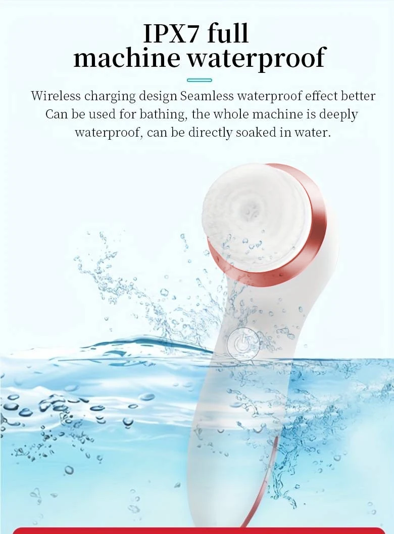 แปรงทำความสะอาดผิวหน้าไฟฟ้าแบบพกพา 3 อิน 1 พร้อมหัวแปรง 3 หัว กันน้ำ ชาร์จได้ สีโรสโกลด์ พร้อมหัวนวดสีม่วง