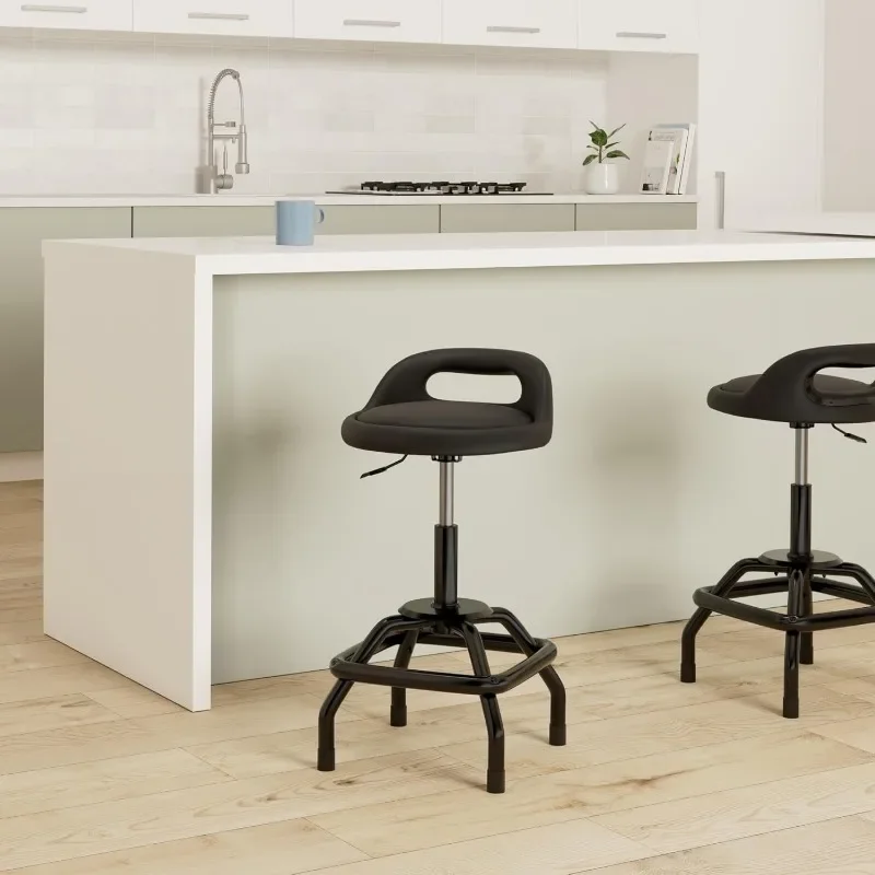 Shop Stool with Backrest Garage Bar Stool, PU Leather Round Non-Rolling Stool with Padding and Lumbar Support, Swivel