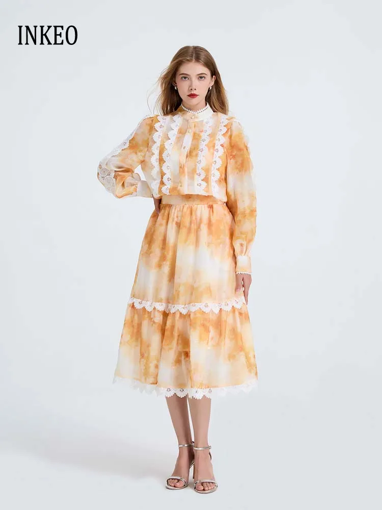 

Женский комплект из 2 предметов с пляжным принтом. Стильная кружевная лоскутная рубашка. Блузка с длинными рукавами и юбка-миди. Роскошная одежда. 2025 INKEO 5T096