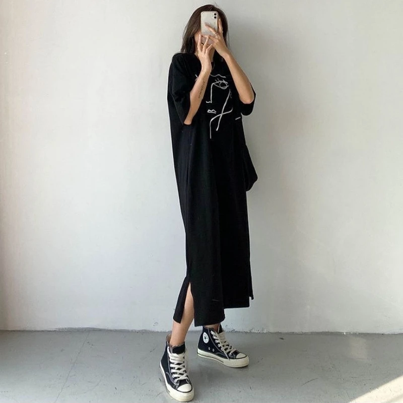 Summer Casual Loose Short Sleeve Women's Dress T-Shirt Style Knee-Length plus Size Midi Long Dress Versatile Slimming Effect