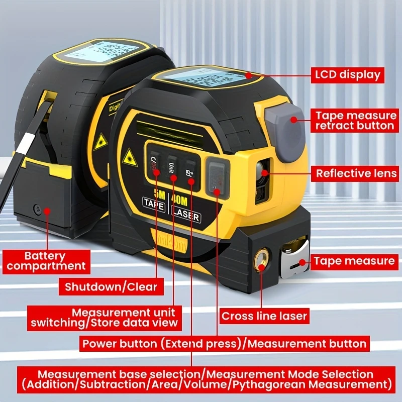 1pc High Precision 3-in-1 Laser Tape Measure with Digital Rangefinder and Steel Tape - Accurately Measure Distances,