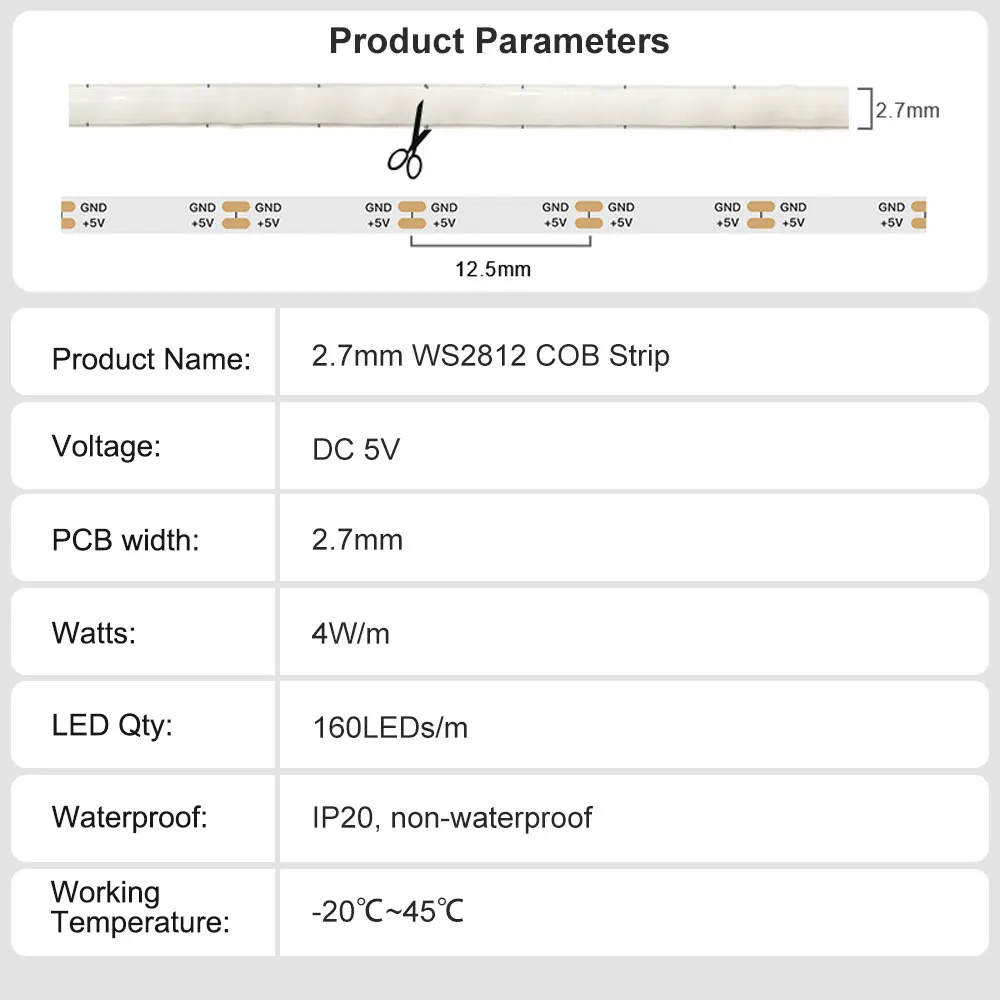 5Meters/Roll 2.7mm COB LED Strip Ultra Narrow Individually Addressable Flexible WS2812B RGBIC Colorful Pixel Light 160Leds/M 5V