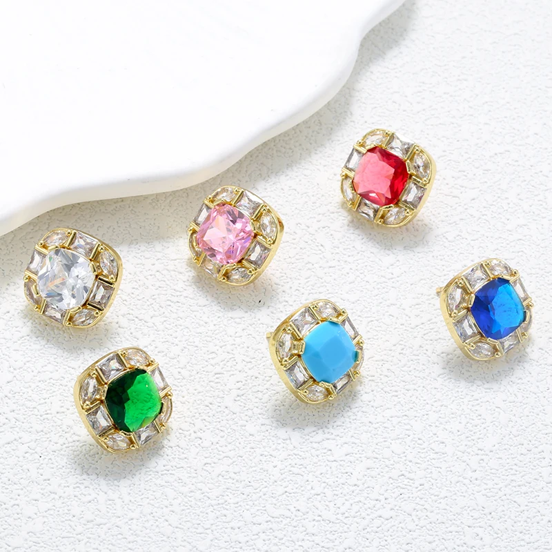 12 Colours Square Cut CZ Halo Stud Earrings 1Pair, 18K Gold Plated Brass Large Ruby Style Earrings for Women Statement:VE1814