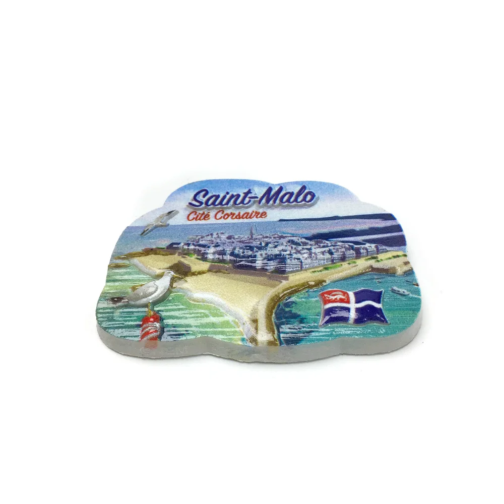 مغناطيس ثلاجة من الراتنج ثلاثي الأبعاد - سانت مالو، فرنسا (مدينة القراصنة) مع طيور النورس ثلاثية الأبعاد، المنارة، العلم، والمواطن #5
