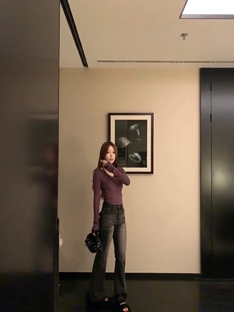 

High Waist Flared Jeans Women's Commute Retro Sle Elastic Slim Fit Cotton Denim Pants Long Legged Faion Korean Version