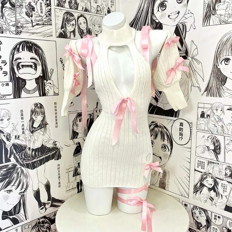 Sweet Girl Crochet Turtleneck Hollow Sweater Japanese Anime Cosplay Pink Bowknot Sexy Backless Women Sweaters