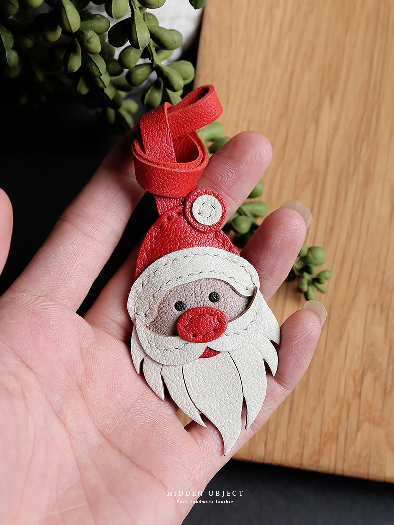 Handmade leather Bag charm Santa Claus leather small pendant couple gift keychain handmade bag pendant Birthday gift