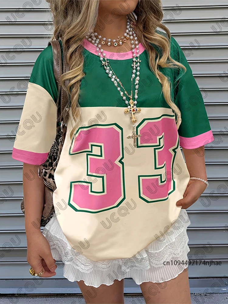 Sommer Neu Nr. 33 Bedrucktes T-Shirt für Damen Patchwork O-Ausschnitt Kurzarm Sport-Tees Fußballtrikot Y2K Lose Übergroße Oberteile