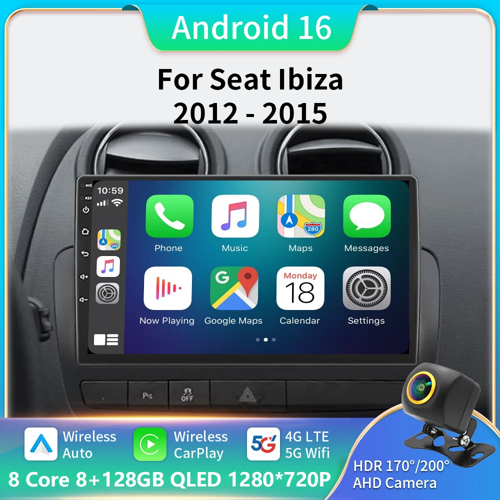 

Car Radio For Seat Ibiza 2012 - 2015 QLED Android 16 Multimedia Video Player GPS 5G CarPlay Auto Wireless Stereo No 2Din DVD BT