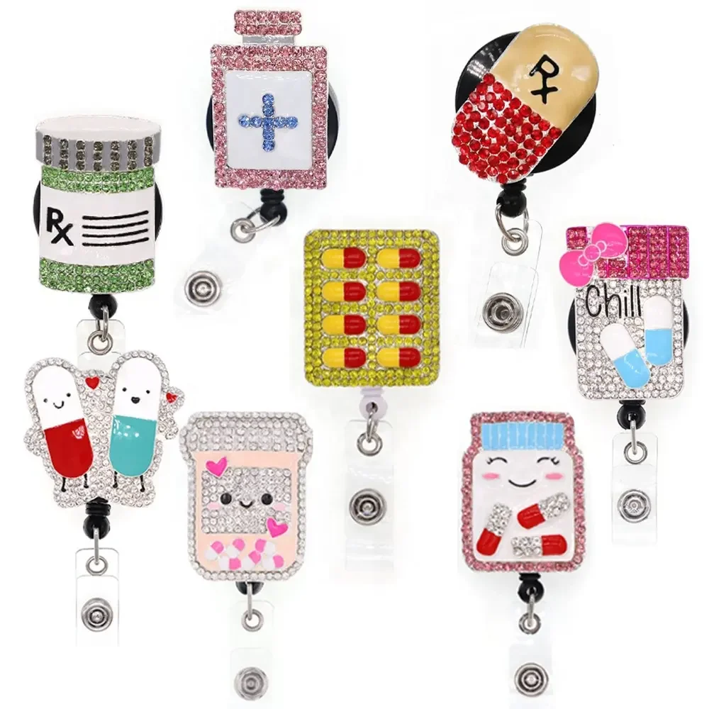 Nurse Accessories medical hospital doctor Gift Rhinestone Pill Bottle ID Retractable nurse badge reel with clip badge holder