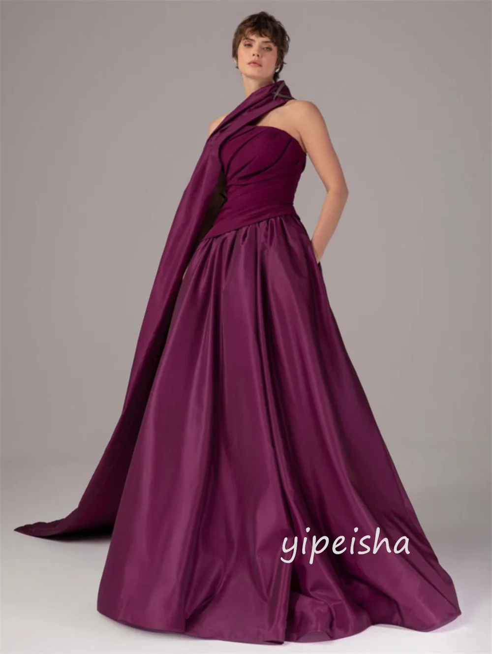 Maßgeschneiderte Retro-passende Jersey-Falten, gerüscht, drapiert, Schal, A-Linie, trägerlos, lange Kleider, Abendkleider, exquisiter Klassiker