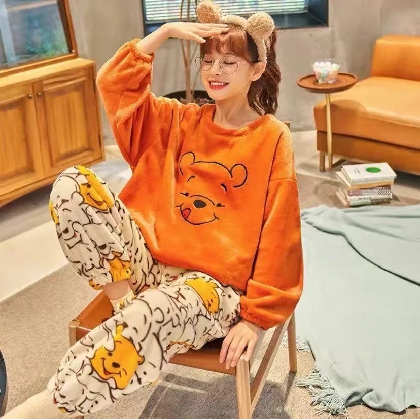 Donald Duck Set piyama flanel tebal, baju tidur rumah flanel tebal kartun lucu lembut kasual hangat nyaman musim dingin