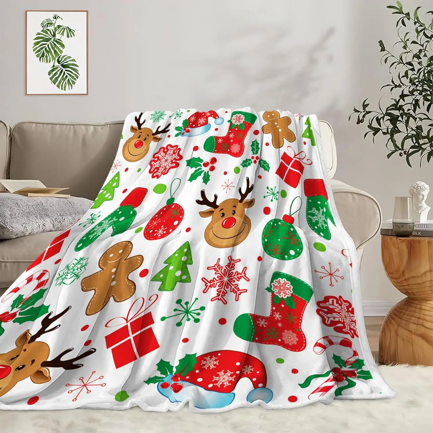 White Cute Kids Christmas Throw Blanket, Funny Reindeer Snowflake Gingerbread Candy Snowflake HoliBlanket for Couch Bed, Warm