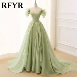 RFYR Green A-line Evening Dresses Off The Shoulder Vestidos De Noche Tiered Tulle Prom Dresses with Pleats V-Neck Party Dress