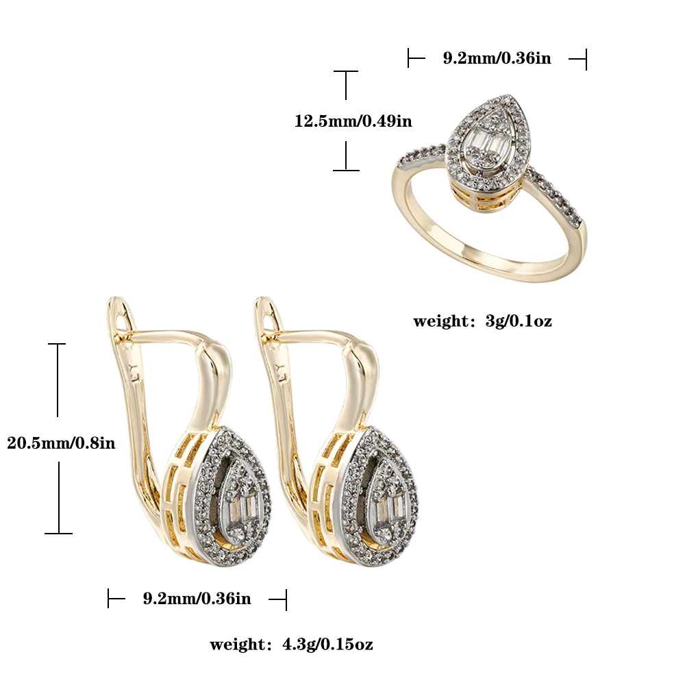 French vintage drop-shaped zircon earrings and ring set two-tone gold banquet wedding accessories gift for mom and girlfriend