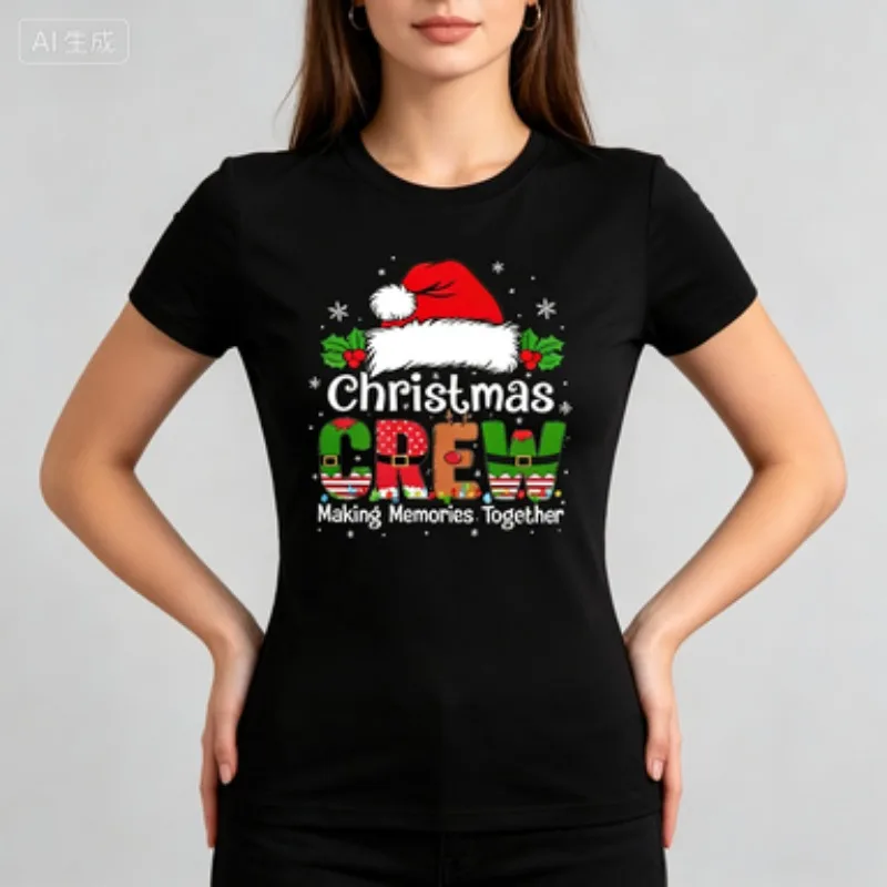 Female Standard Fit Modal T‑Shirt Round Neck Christmas Crew Graphic Print Santa Hat Holly Design Short Sleeve Holiday Party