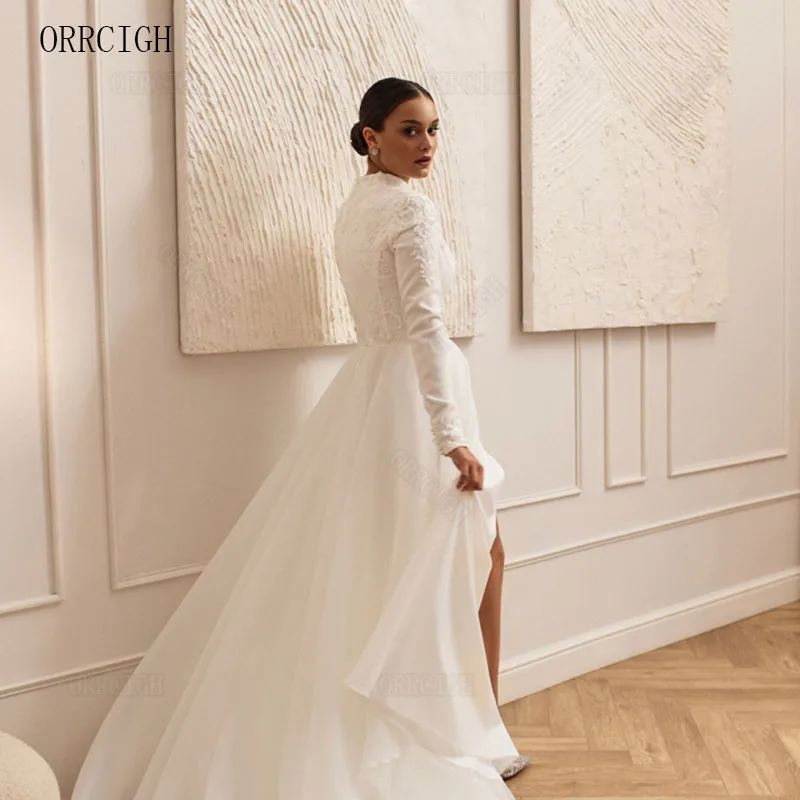 Muslim White Wedding Dresses for Bride with Bead Applique Jersey O Neck Long Sleeve Bridal Gown Customizable Floor Length