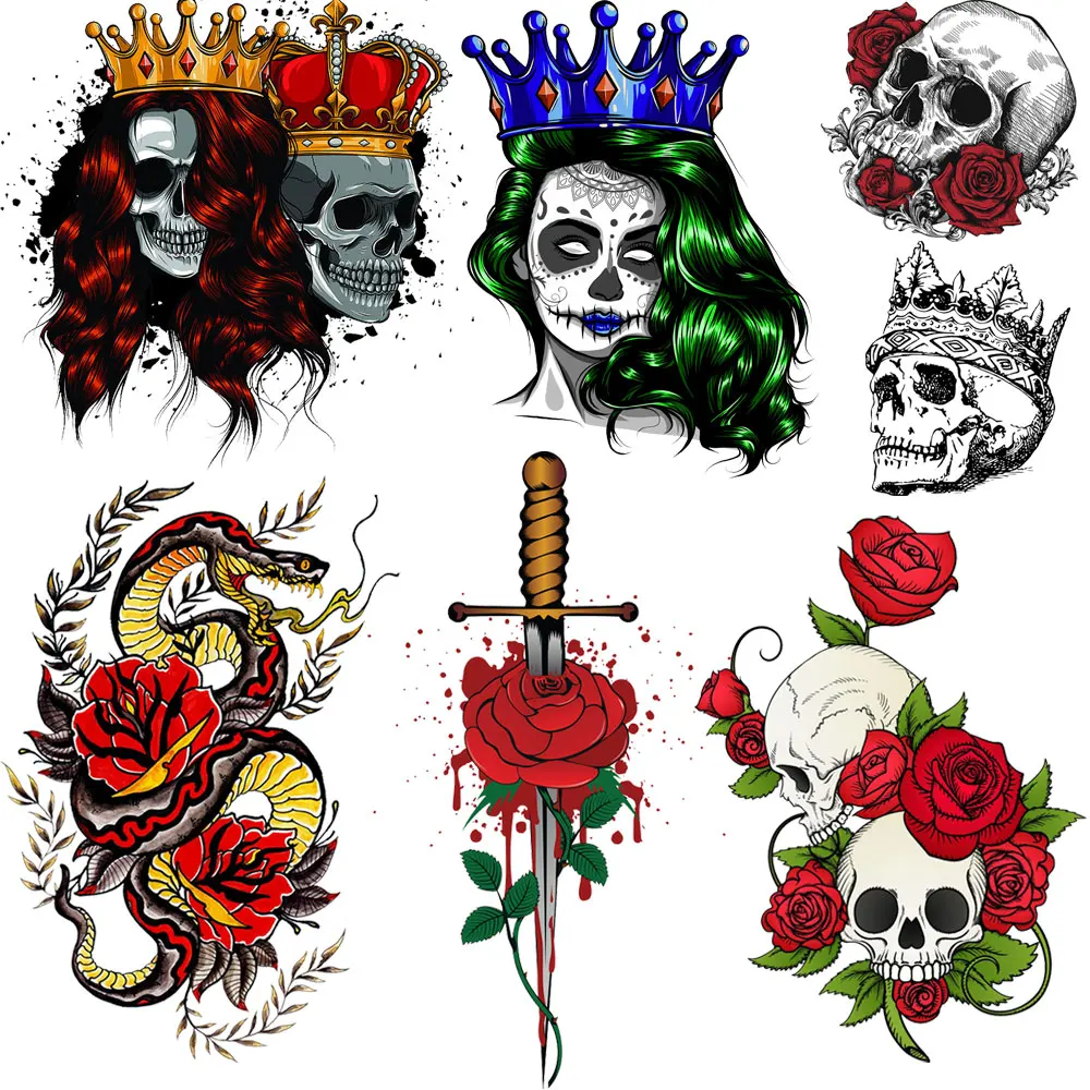 Rose Skull Iron On Patches For Clothes Punk Style  Heat Transfer Stickers For T-shirt Decals Thermal Sticker Stripes Iron Paches