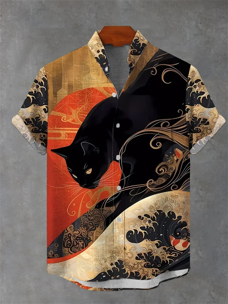 

2025 Men's Ukiyo-e Print Shirt Oversized Short Sleeve Japanese Art Vintage Style Summer Elegant Comfort​
