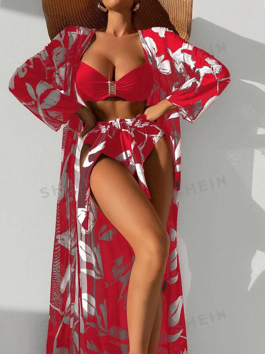 Bikini de cintura alta para mujer, traje de baño de 3 piezas con estampado, Kimono de manga larga, 2024