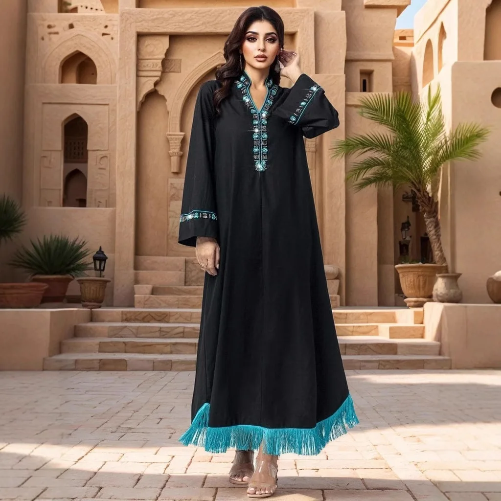 

2025 Muslim Women Rhinestone Tassles Maxi Dress Abayas Dubai Turkey Kaftan Evening Jalabiya Party Dresses Islamic Female Vestido