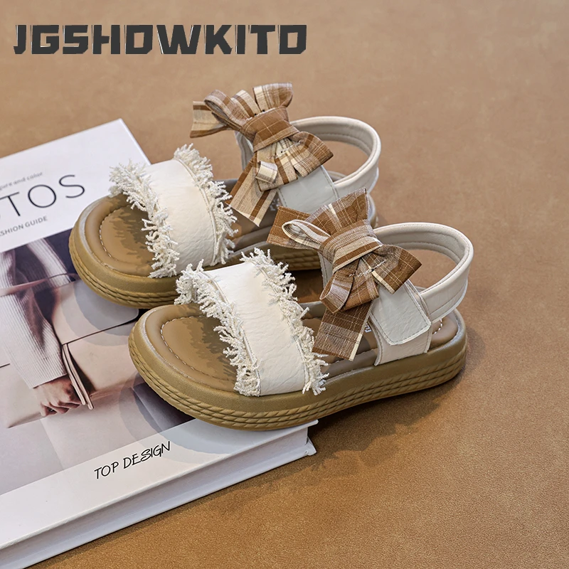 JGSHOWKITO Modische Kinder-Quastensandalen mit Karomuster und Schleife, Sommer-Plateausandalen für Mädchen, offene Zehenpartie, lässige Schul- und Festtags-Kinderkleidersandalen